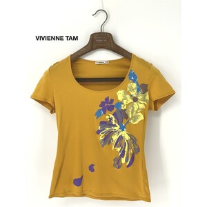 A9137/ビンテージ 美品 春夏 VIVIENNE TAM ヴィヴィアンタム コットン 半袖 Uネック 花柄プリント Tシャツ カットソー S程 黄色 レディース