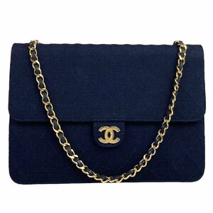 【1円～】シャネル CHANEL バッグ ショルダーバック コットンジャージ マトラッセ25 Sチェーン プッシュロック GD金具 ネイビー 中古