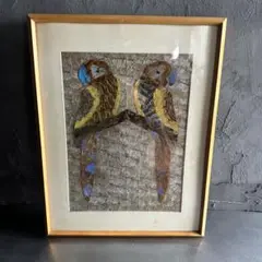 モルフォ蝶　素晴らしい額縁　オウムの絵　羽根アート　ヴィンテージ