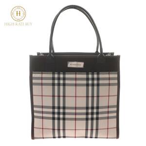 1円スタート BURBERRY バーバリー ナイロンキャンバス ハンドバッグ ノバチェック プレートロゴ トート ベージュ ブラウン レディース