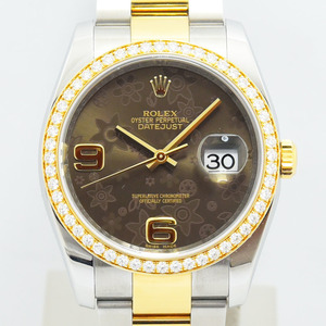 ロレックス 中古 メンズ ROLEX デイトジャスト 自動巻 116243 V番 フラワー ダイヤ SS ステンレス YG ゴールド ブラウン 軽仕上げ