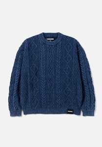 未使用 Lサイズ ネイバーフッド 2024F/W WASHED CREWNECK CABLE SWEATER/ウォッシュド クルーネック ケーブル セーター ネイビー 紺