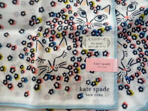 新品 Katespade NEWYORK 花と猫 ケイトスペードニューヨーク ハンカチ リボン スカーフ 白 水色 キャッツ CATS 未使用 送料140円から