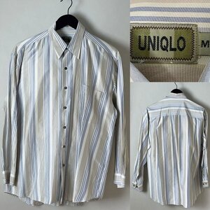 ★【並品 国内正規品 名作アーカイブ 旧タグ】80s ビンテージ オールド ユニクロ UNIQLO 初期タグ シルク 100% ストライプ シャツ 長袖 M