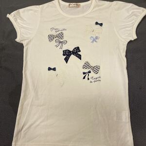 ポンポネット新作リボン刺繍半袖Ｔシャツ160cmオフホワイト新品激安！送料無料