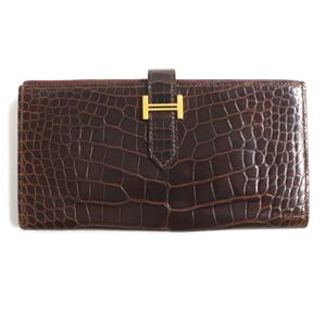 良品▼HERMES エルメス ベアン スフレ ゴールドH金具 アリゲーター クロコダイルレザー 2つ折り長財布 濃茶 仏製 メンズ □M刻印 箱付き