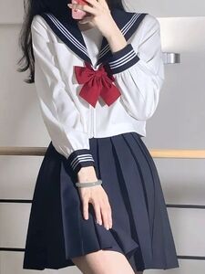 送料無料【新品】長袖セーラー服上下セットL　紺　学生服JK女子高生　アジャスター付きプリーツスカート/リボンタイも調整OK　コスプレ衣装