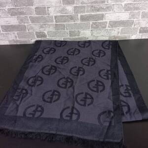 usH-1728【GIORGIO ARMANI/ジョルジオ アルマーニ】ロゴマフラー/ウール×シルク/パープル×ブラック/約170×37cm/中古・現状品