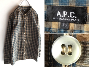 ネコポス対応 A.P.C. アーペーセー コットン バンドカラー チェックシャツ ブラウス XS グリーン ベージュ チュニジア製