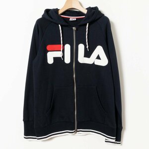 【1円スタート】タグ付き 未使用 FILA フィラ スウェットフルジップ パーカー 羽織り ネイビー フード付き ロゴ刺繍 ライン ポリ 綿 0 XL