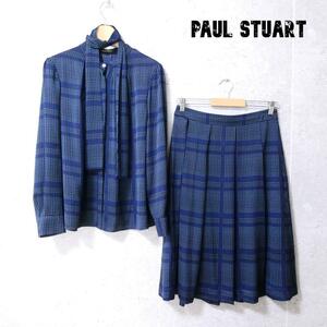 美品 Paul Stuart ポールスチュアート サイズ8 総柄 ボウタイ 長袖 シャツ ロング タック フレアスカート セットアップ 上下 ネイビー系