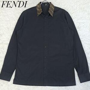 【大人気】FENDI フェンディ ズッカ柄 メンズ 襟付き シャツ シルク コットン ビジネス 目黒蓮さん着用 ビジネス イタリア製 ブラック