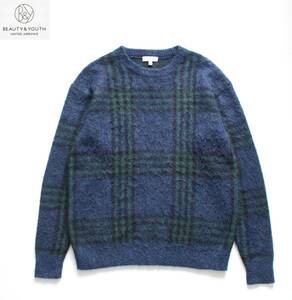 【 BEAUTY&YOUTH ユナイテッドアローズ 】チェック シャギー ニット Sサイズ ネイビー 1213-105-3700 定価\15,400 モヘヤ/ウール アクリル