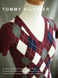 586新品★TOMMY トミーヒルフィガー★アーガイル半袖ニット★エンジ系★XS★WOMENS