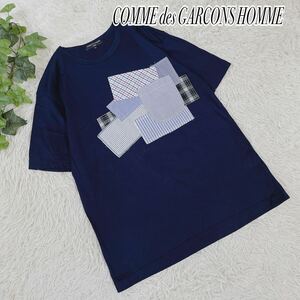 1円スタート　【美品】COMME des GARCONS HOMME コムデギャルソンオム　異素材ストレッチ　パッチワーク　半袖Tシャツ メンズ　L 濃紺