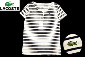 Y-5840★送料無料★美品★LACOSTE ラコステ FRENCH BRAND★日本製 ホワイト白色 ボーダー ワニロゴ刺繍 半袖 T-シャツ ３４