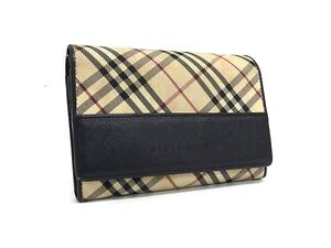 1円 BURBERRY バーバリー ナイロンキャンバス×レザー チェック柄 二つ折り 財布 ウォレット 小銭入れ ベージュ系×ブラック系 FJ1585