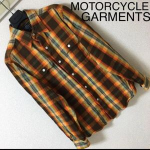 ◆モーターサイクル ガーメント◆ヘビーウェイトコットン ワークシャツ チェック 36 S MOTORCYCLE GARMENTS 空環仕上げ オレンジ ブラウン