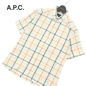 A.P.C. アーペーセー 春夏★ 半袖 ボタンダウン チェック シャツ Sz.1　メンズ 白　A4T05125_5#A