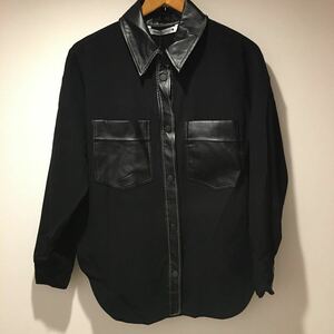 ZARA コントラストレザー風　シャツ　ブラック　新品　M