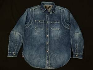 値下 アメリカ古着 USED RRL WORK SHIRT ダブルアールエル デニム DENIM 本物 ビンテージ メタルボタン チンストラップ マチ セルビッチ30s