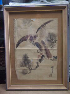 中古品☆タカ☆水墨画☆額入り☆ガラス☆４８×３６☆４０６Ｓ４－Ｆ１０１３５