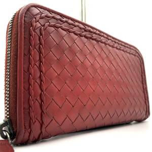 1円~【希少デザイン・美品】Bottega Veneta ボッテガヴェネタ 長財布 ラウンドファスナー イントレチャート 編み込み 革 レザー 赤 レッド