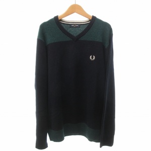 フレッドペリー FRED PERRY 美品 プルオーバーニット セーター ロゴ刺? ウール 紺 ネイビー 緑 グリーン Lサイズ F3229