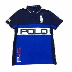 ラルフローレン POLO RALPH LAUREN P-15 ビックポニー エンブレム星条旗 鹿の子半袖ポロシャツ メンズM ブルー