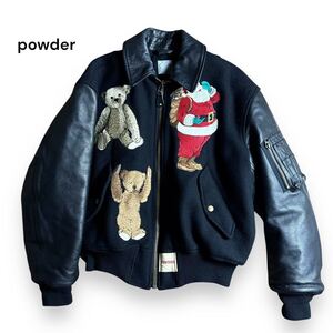 激レア powder パウダー 中綿 キルティング スタジャン サンタクロース ベア 刺繍 袖革 黒 ブラック ウール 牛革 レザー アウター