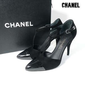 美品 CHANEL シャネル 37C 約24㎝ ココマーク エナメル×スエード アンクルストラップ ポインテッドトゥ ハイヒール パンプス 黒 ブラック