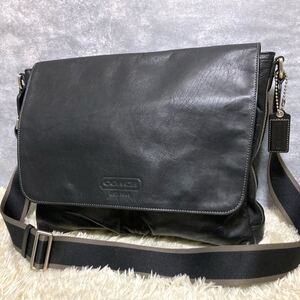 1円〜 極美品 コーチ coach メンズ ビジネス ショルダーバッグ メッセンジャー ボディ レザー 本革 斜め掛け ブラック ヘリテージ 型押し