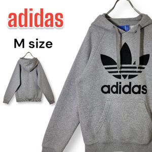 【定番】adidas アディダス ビッグロゴ トレフォイル プルオーバー パーカー Mサイズ グレー スウェット フーディ