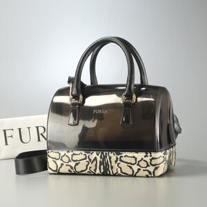 MH2951*イタリア製《FURLA フルラ》CANDY BAG キャンディバッグ レオパード柄 ショルダー付き ミニボストンバッグ ハンドバッグ 鞄 黒系