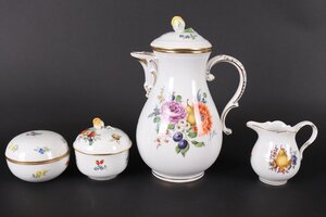 【珍品堂】マイセン　Meissen 　金彩ベーシックフラワー　五つ花果物文　四点　超美品　1級品　古美術　骨董品