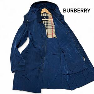 最高級◎Lサイズ!!バーバリー【超希少カラー】BURBERRY ノバチェック ナイロン100% ロングコート フード レザー ネイビー 秋冬◎メンズ