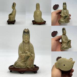 時代物 旧家整理品 清朝期 寿山石彫観音坐像 細密彫刻 唐木台付き（ガンダーラ 朝鮮 高麗 李朝 彫刻 中国美術 骨董 唐物）