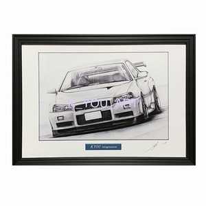 日産 NISSAN スカイライン R34 GTR【鉛筆画】名車 旧車 イラスト A4サイズ 額付き サイン入り