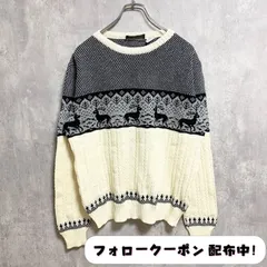 古着 used　SHEPLERS　長袖ノルディック柄ニット　セーター　トナカイ　クルーネック　白　ホワイト　黒　ブラック　秋冬服