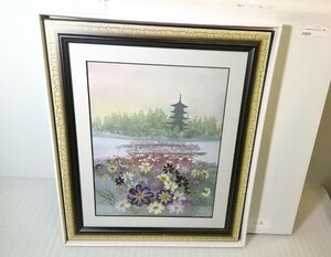 ふしぎな花倶楽部 　押し花絵額　 『五重の塔』　額装/額縁　(49クラッキンググレー額)　押し花　アート　 共箱　⑩