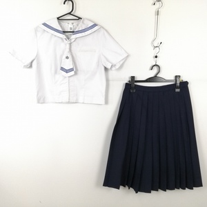 セーラー服 スカート ネクタイ 上下3点セット 大きいサイズ 夏物 青3本線 女子 学生服 福岡香住丘高校 白 制服 中古 ランクC NA0325