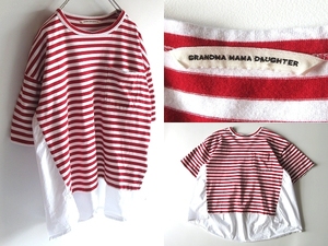 GRANDMA MAMA DAUGHTER グランマママドーター 布帛切替 ボーダーカットソー ドロップショルダー フレア Tシャツ ブラウス 1 ゆったり 赤白