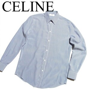 CELINE by Hedi Slimane セリーヌ エディスリマン シルク ストライプ シャツ 37 ブルー×ホワイト