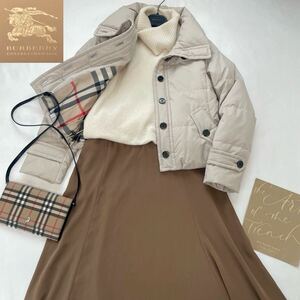 美品◆バーバリー◆BURBERRY 38/9号/M メガチェックコンビ☆2wayダウンジャケット コート グレージュ ドロストでシルエットアレンジ♪