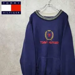 トミー ヒルフィガー ビッグロゴ 刺繍 スウェット ネイビー XL 古着 90s