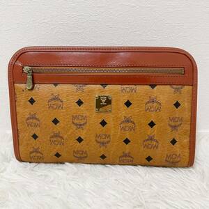 1円〜　MCM クラッチバッグ　メンズ　レザー　セカンドバッグ　総柄　ロゴ　ブラウン　 エムシーエム