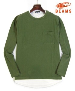 F火06106新品▼ ビームス BEAMS フェイクレイヤード 長袖カットソー 【 L 】 長袖Tシャツ ロングスリーブTシャツ 重ね着 ロンT オリーブ系