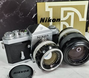 【終活】 Nikon F アイレベルファインダー 希少プリズム腐食なし個体＋NIKKOR 50mm f1.4＋135mm f2.8 大口径単焦点2本セット 各動作良好