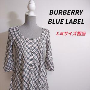 BURBERRY BLUE LABEL ロゴ刺繍・チェック柄&ピンタック 長袖チュニック風ブラウス Aライン 袖フレア 表記サイズ34 プルオーバー バーバリー