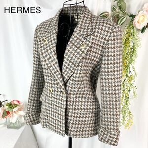 【美品】 HERMES エルメス ダブルジャケット 千鳥格子 グレー系 42 レディース